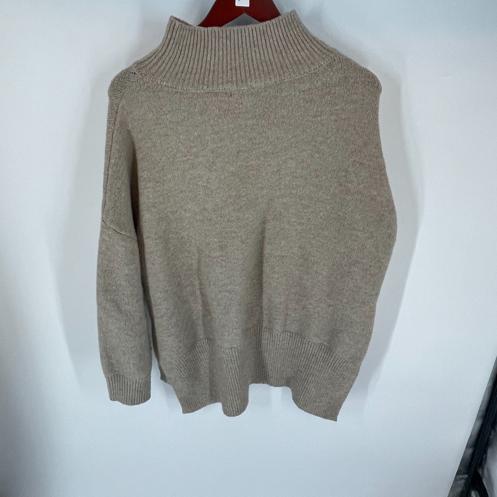Lilyful Drop Shoulder Mock Neck Wool Blend Knit Pullover Winter Sweater Tan S